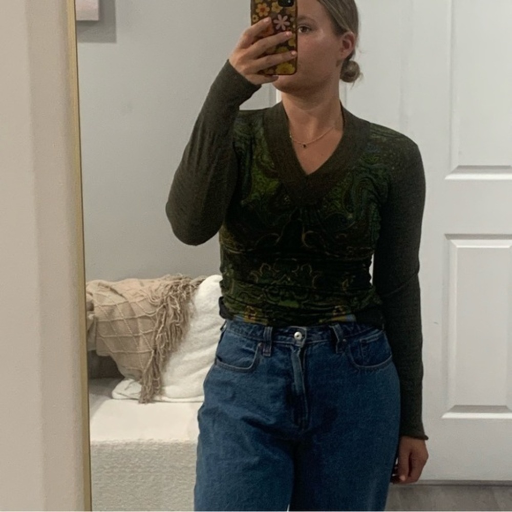 Etro Blouse Green Paisley V Neck Sweater Long Sleeve
